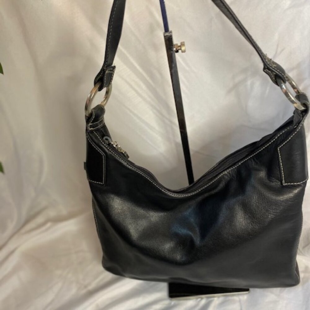 Perlina Soft Black Leather Shoulder Bag W/ Silver hardware